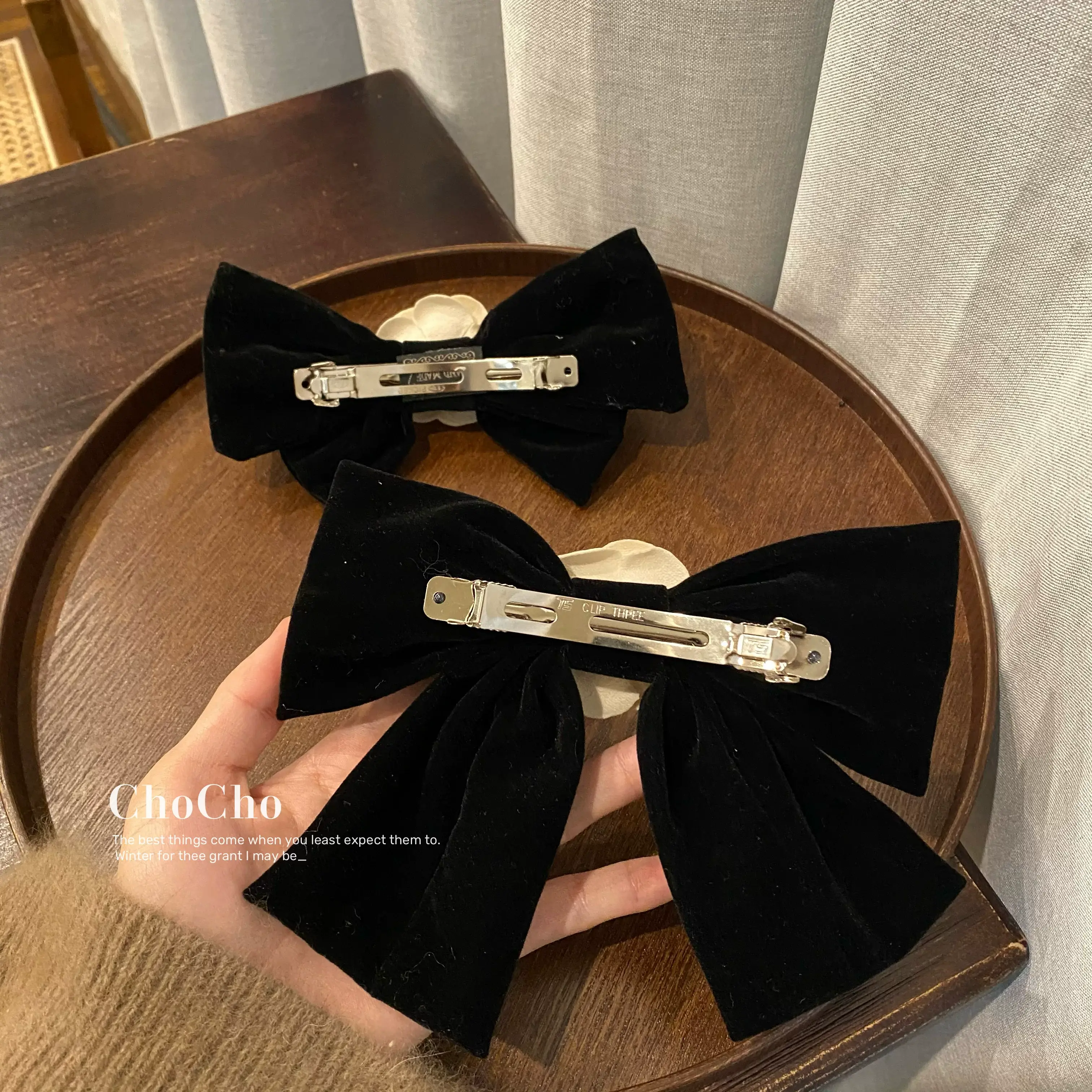 Black Velvet Camellia Hairpin Clip Bow — feature 9