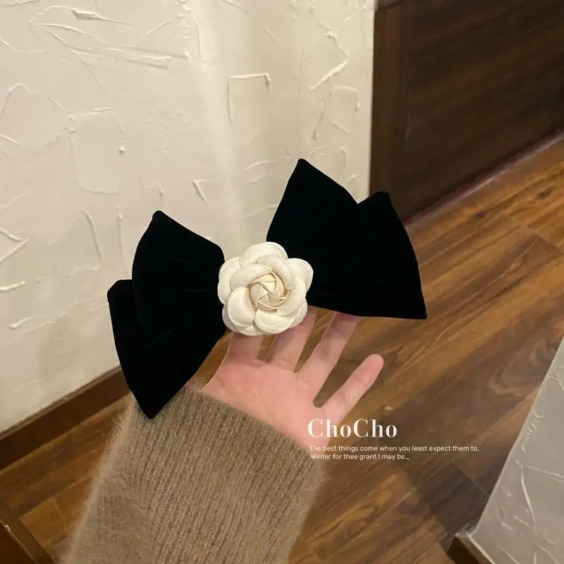 Black Velvet Camellia Hairpin Clip Bow - Image 2