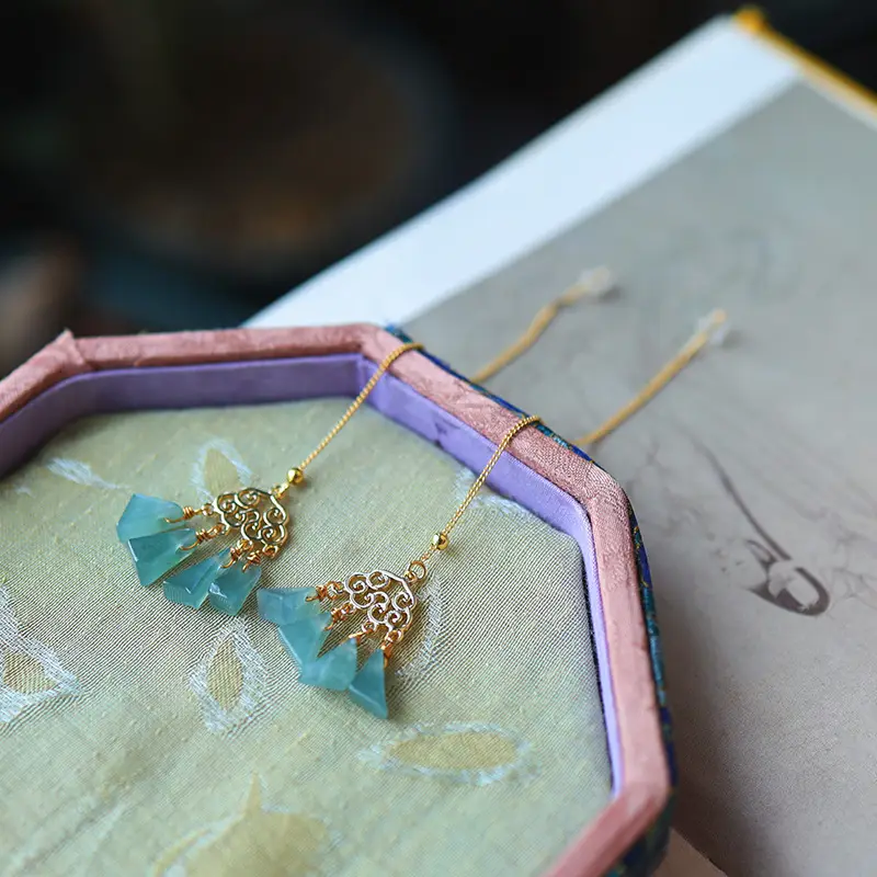 Natural Blue Jade Earrings 14K Gold Plated - Image 3