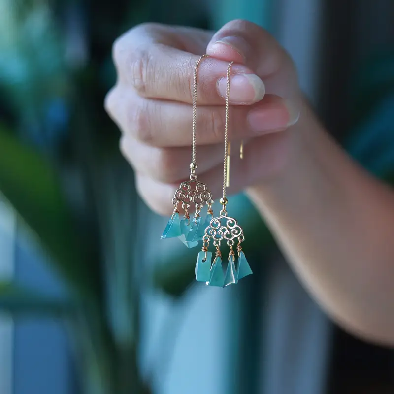 Natural Blue Jade Earrings 14K Gold Plated - Image 4