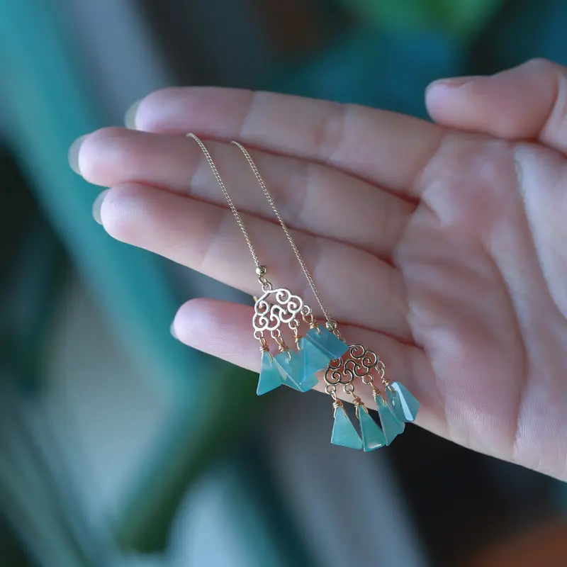 Natural Blue Jade Earrings 14K Gold Plated - Image 5