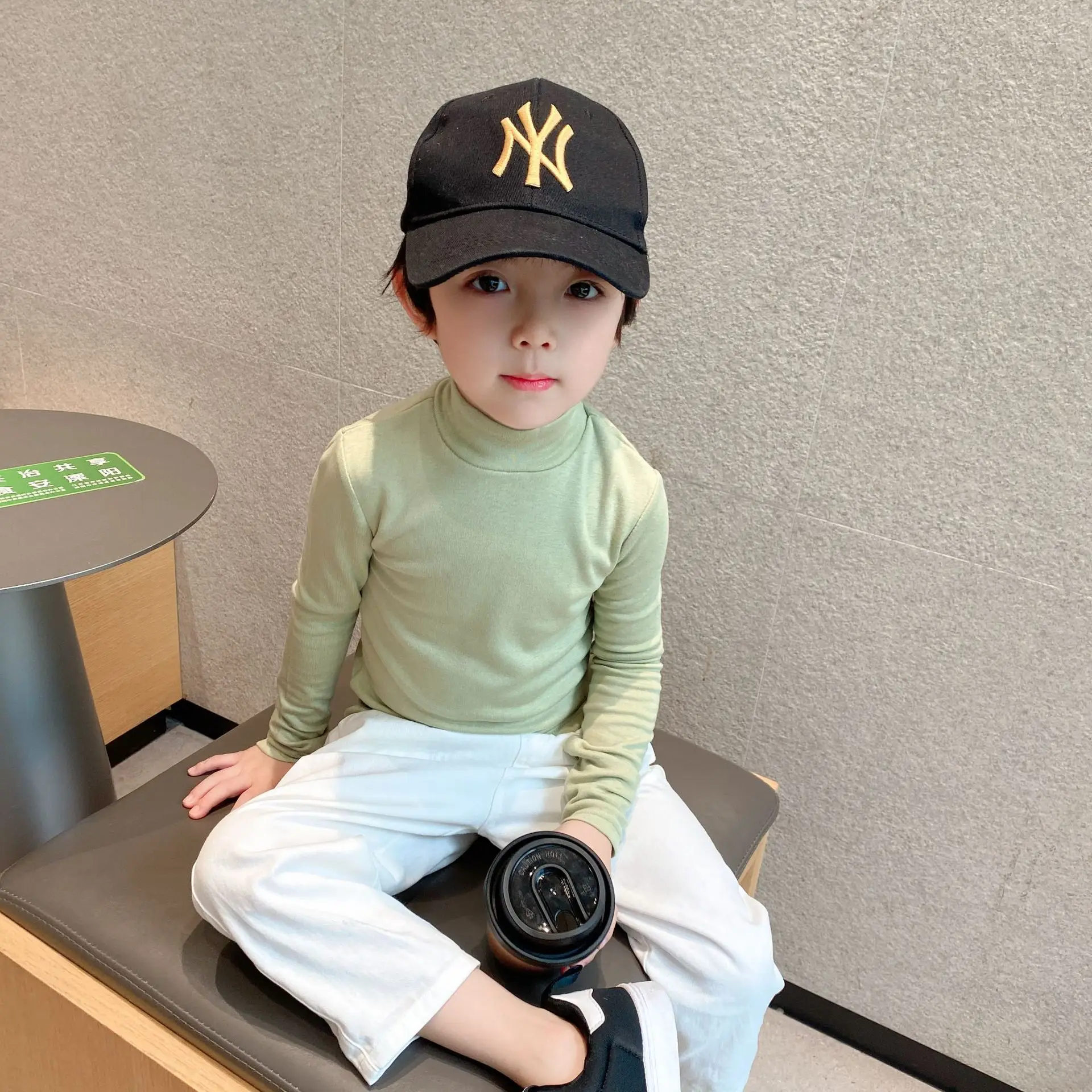 Kids Korean Style Turtleneck Top White Pants Set