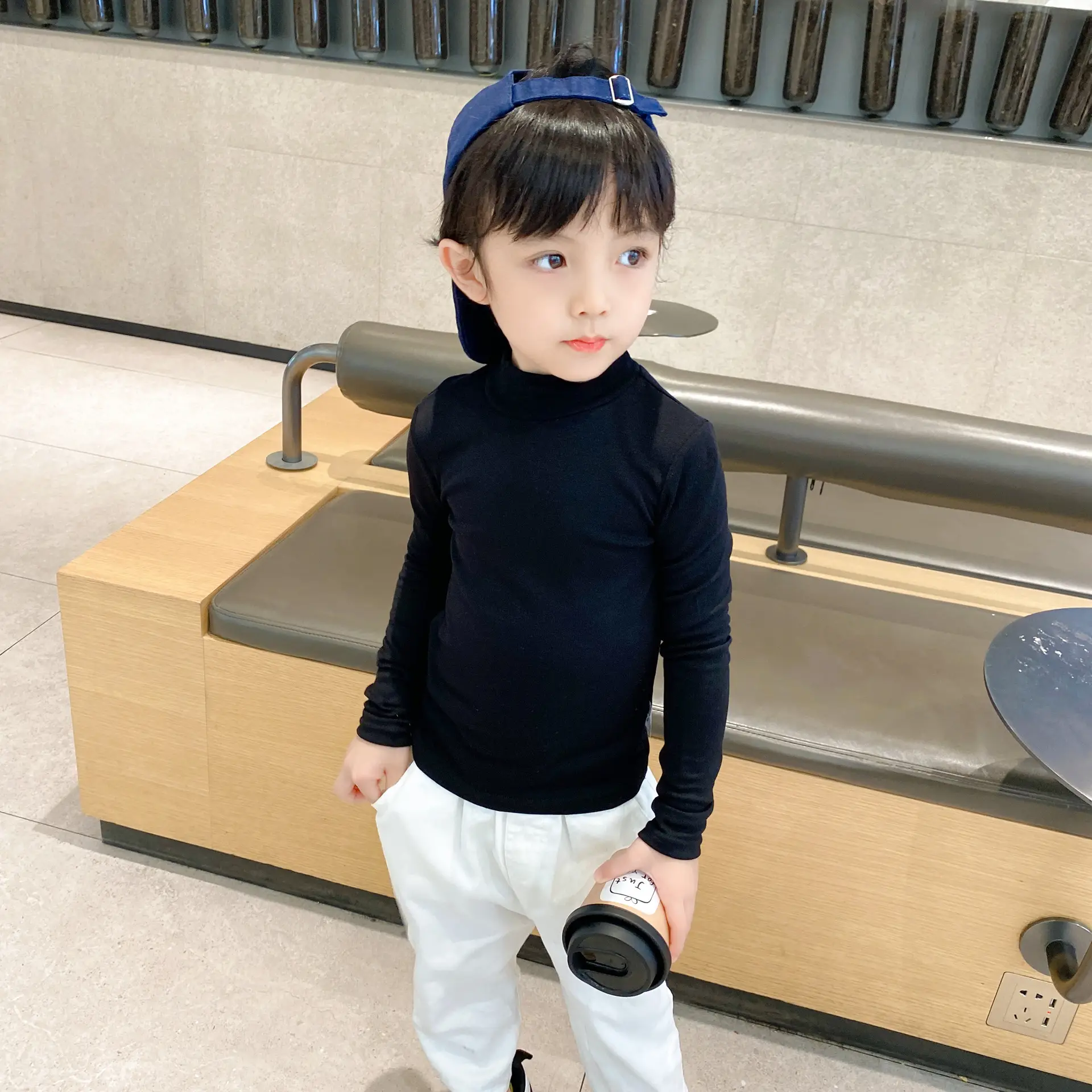 Kids Korean Style Turtleneck Top White Pants Set