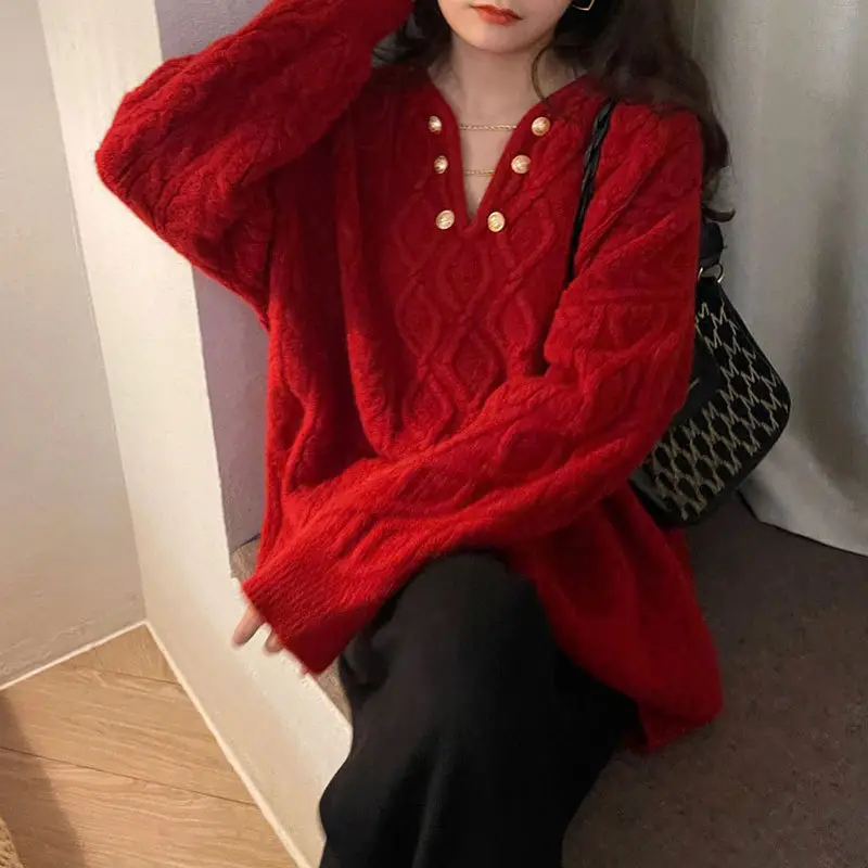 Women Knitted V-Neck Pullover Orange 2025
