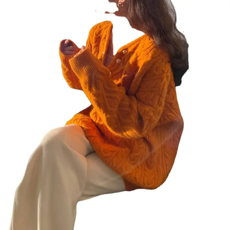 Women Knitted V-Neck Pullover Orange 2025