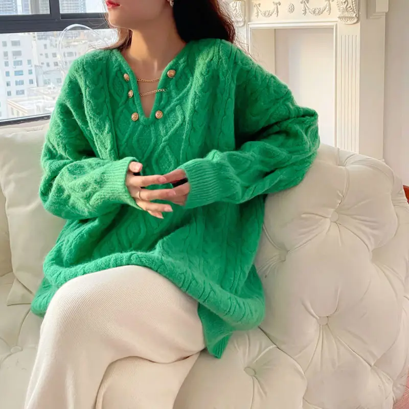 Women Knitted V-Neck Pullover Orange 2025