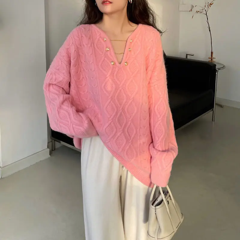 Women Knitted V-Neck Pullover Orange 2025