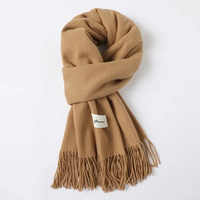 Women's Cashmere Hand Scarf Solid Brown Tassel Shawl - Image 12