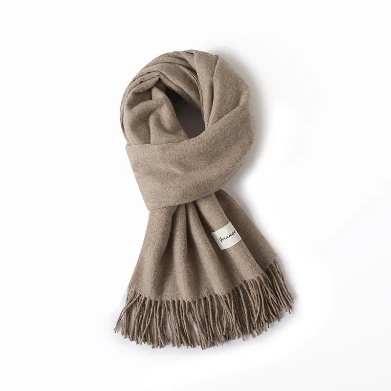 Women's Cashmere Hand Scarf Solid Brown Tassel Shawl - Image 14