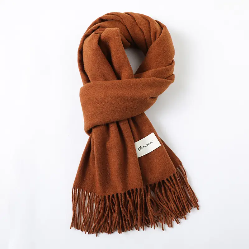 Women's Cashmere Hand Scarf Solid Brown Tassel Shawl - Image 20