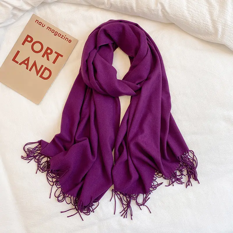 Women's Cashmere Hand Scarf Solid Brown Tassel Shawl - Image 38