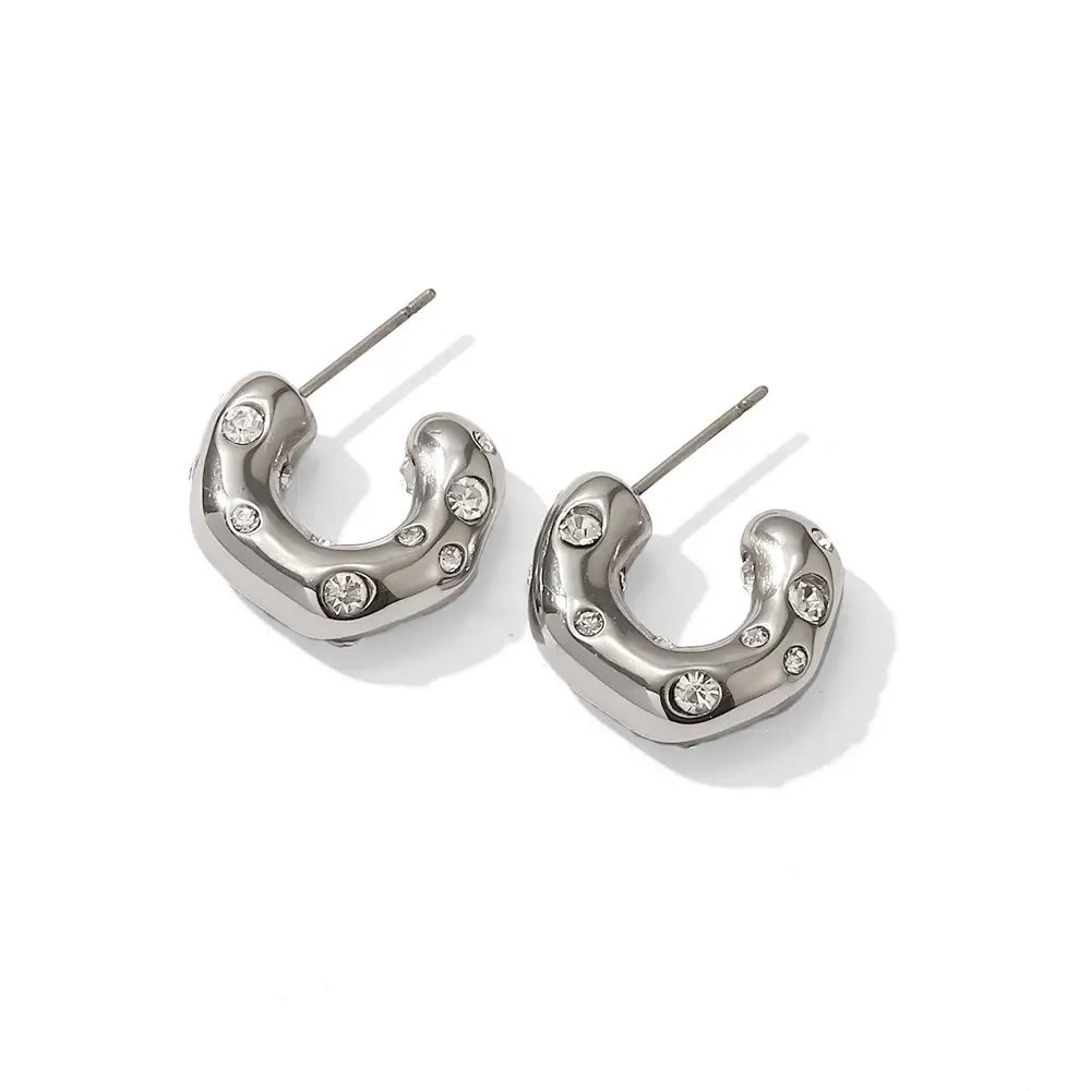 Titanium C-Shape Earrings Zirconium Silver - Image 6