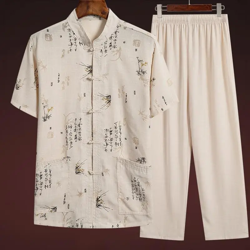 Men Linen Tang Suit Retro Father's Day Casual Wear