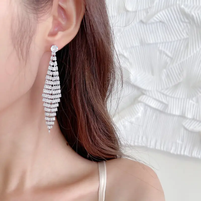 S925 Silver Needle Zircon Long Tassel Earrings - Image 3