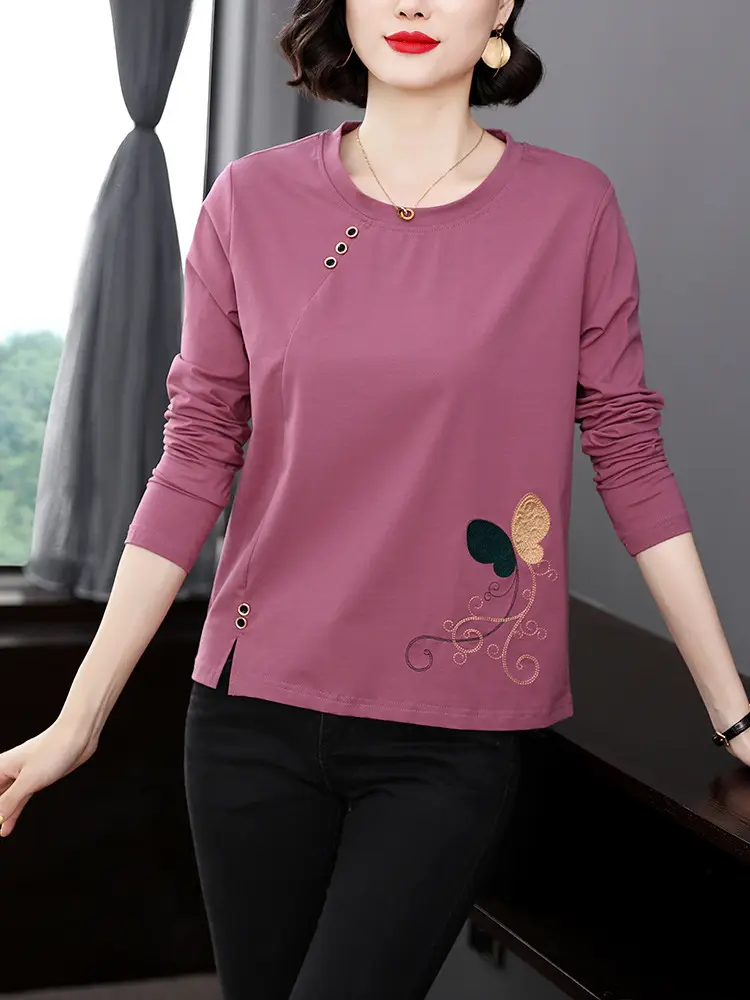Middle-Aged Women Long Sleeve T-Shirt Blue Embroidered Plus Size - Image 3