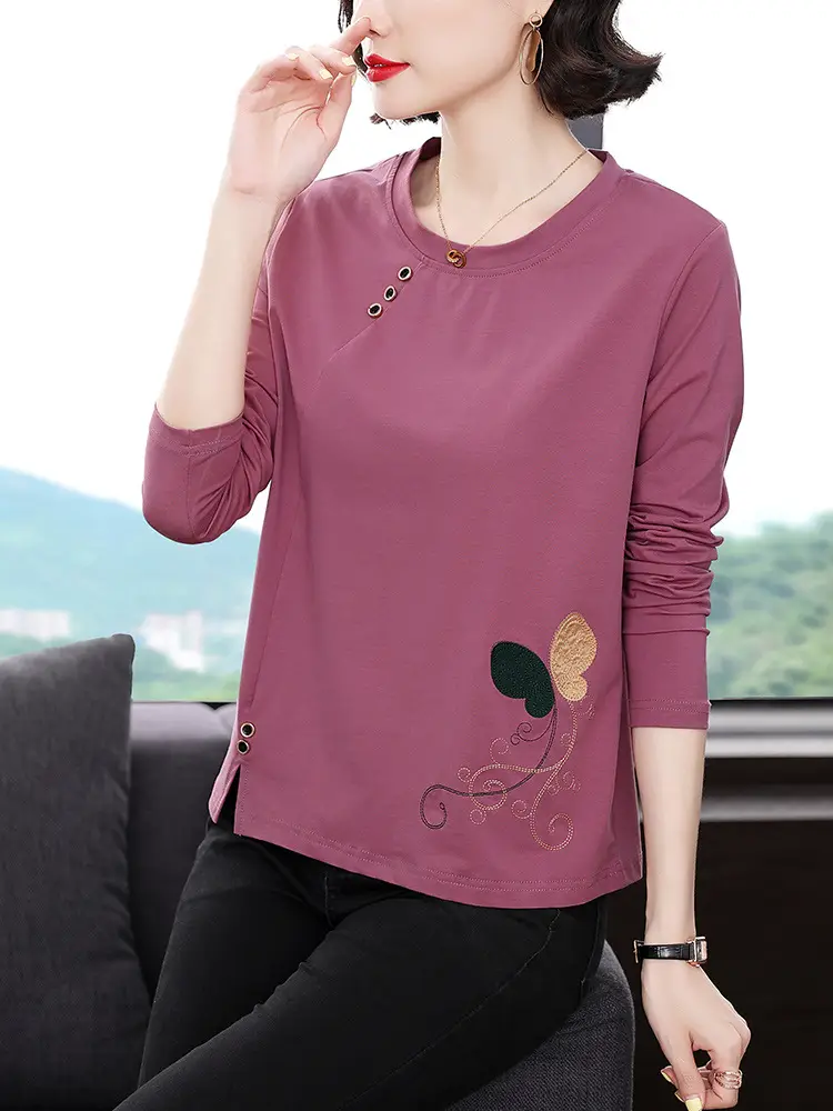 Middle-Aged Women Long Sleeve T-Shirt Blue Embroidered Plus Size - Image 4