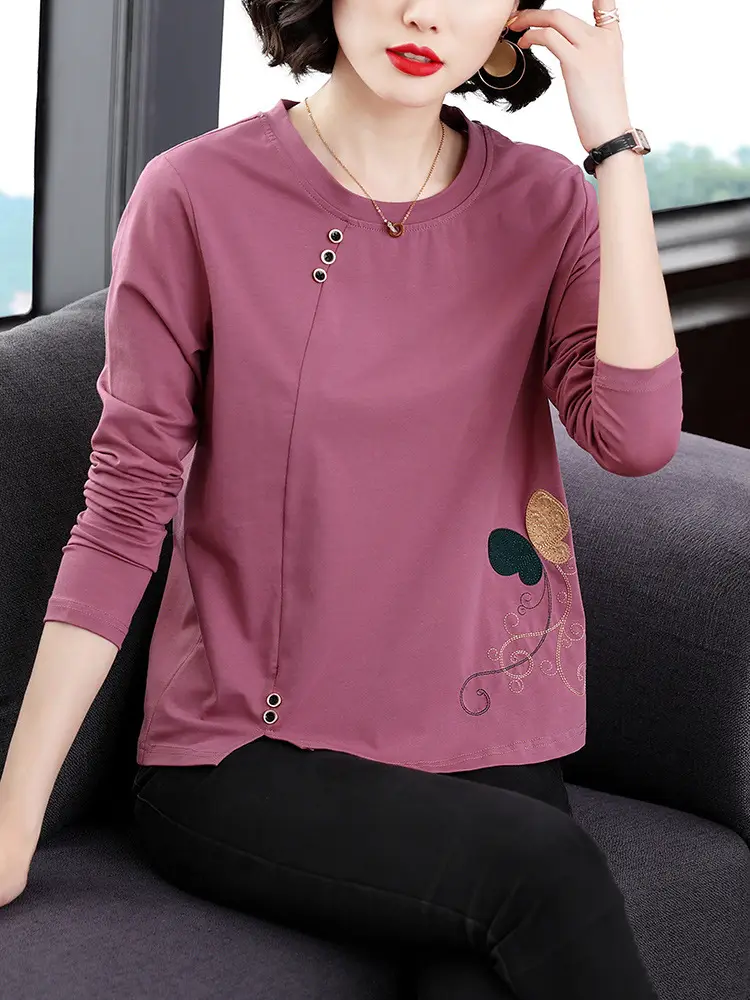 Middle-Aged Women Long Sleeve T-Shirt Blue Embroidered Plus Size - Image 5