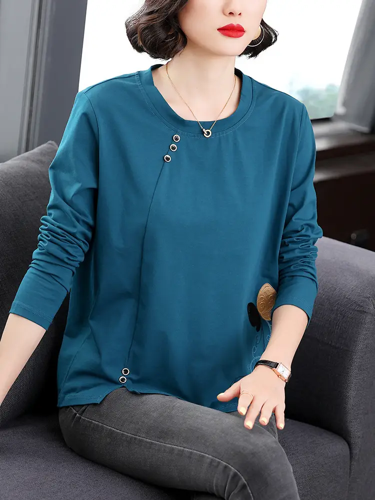Middle-Aged Women Long Sleeve T-Shirt Blue Embroidered Plus Size - Image 6