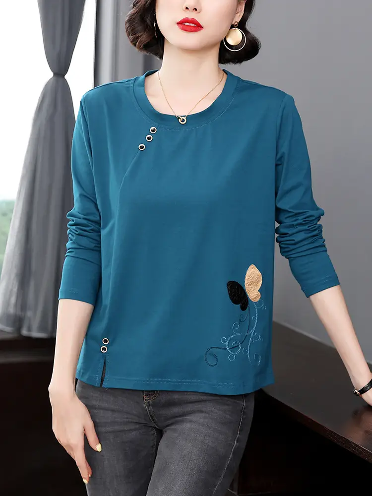 Middle-Aged Women Long Sleeve T-Shirt Blue Embroidered Plus Size - Image 7