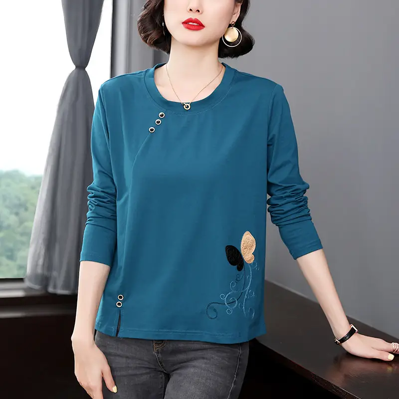 Middle-Aged Women Long Sleeve T-Shirt Blue Embroidered Plus Size - Image 2