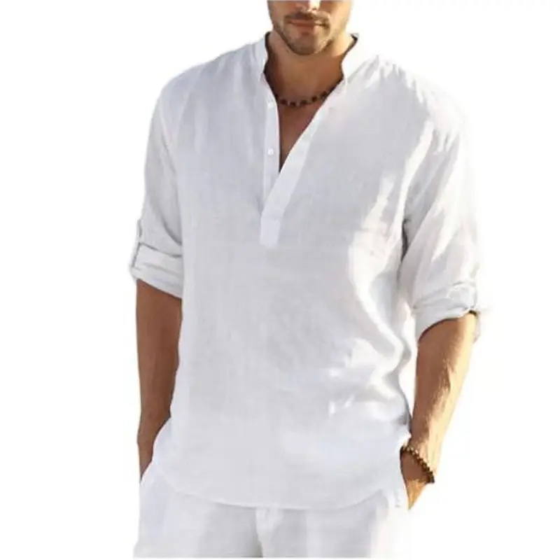 Men's Navy Blue Loose Fit Shirts with Stand-Up Collar — feature 7