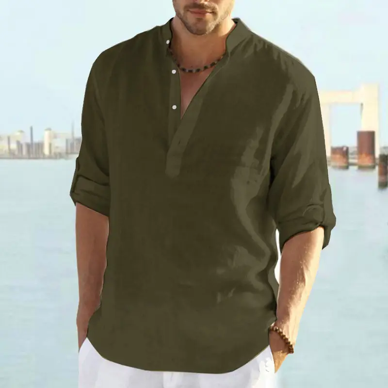 Men's Navy Blue Loose Fit Shirts with Stand-Up Collar - Image 8
