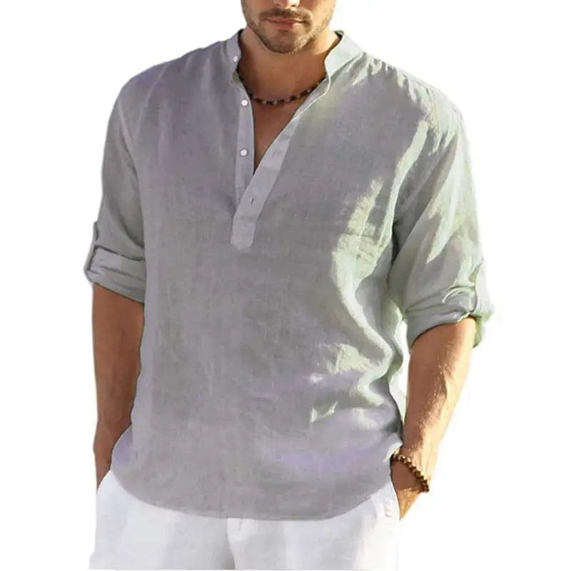 Men's Navy Blue Loose Fit Shirts with Stand-Up Collar - Image 11