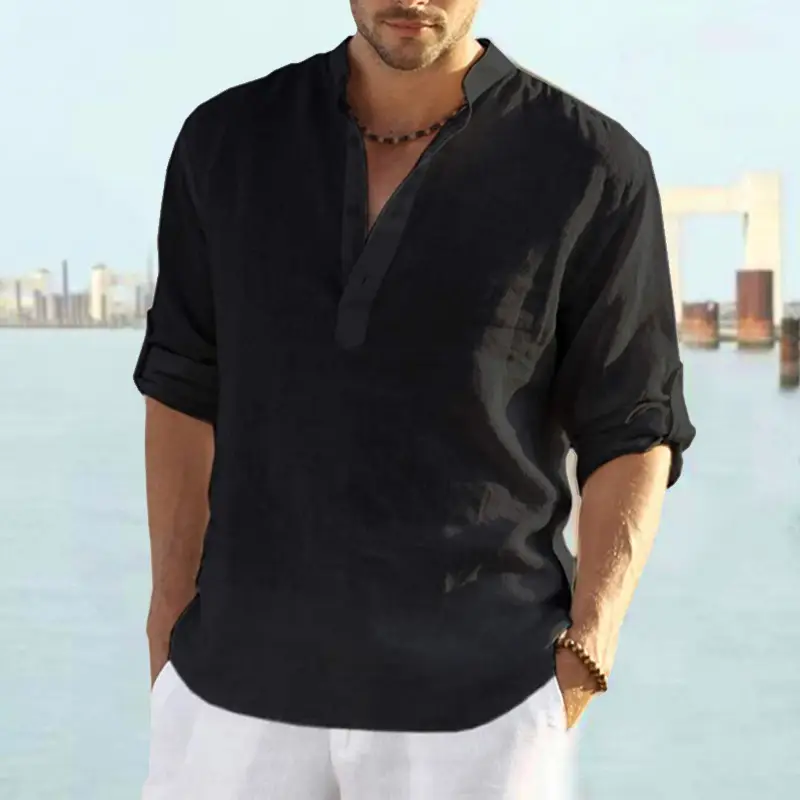 Men's Navy Blue Loose Fit Shirts with Stand-Up Collar - Image 5