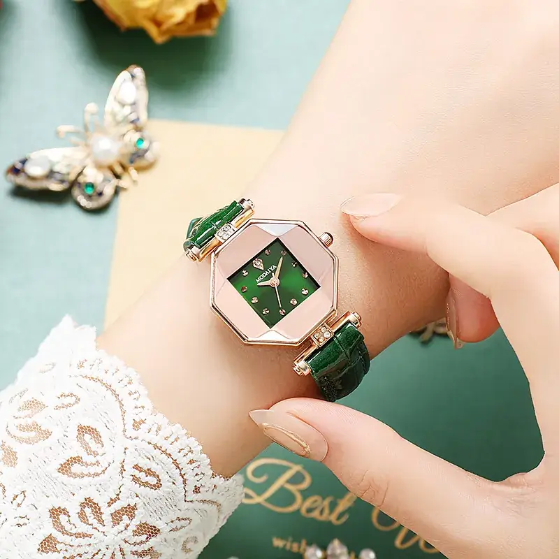 Women's Rhinestone Watch Green Leather Band Rose Gold - Image 7
