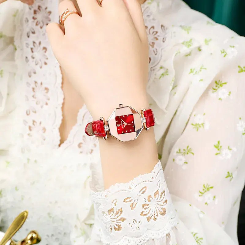 Women's Rhinestone Watch Green Leather Band Rose Gold - Image 2