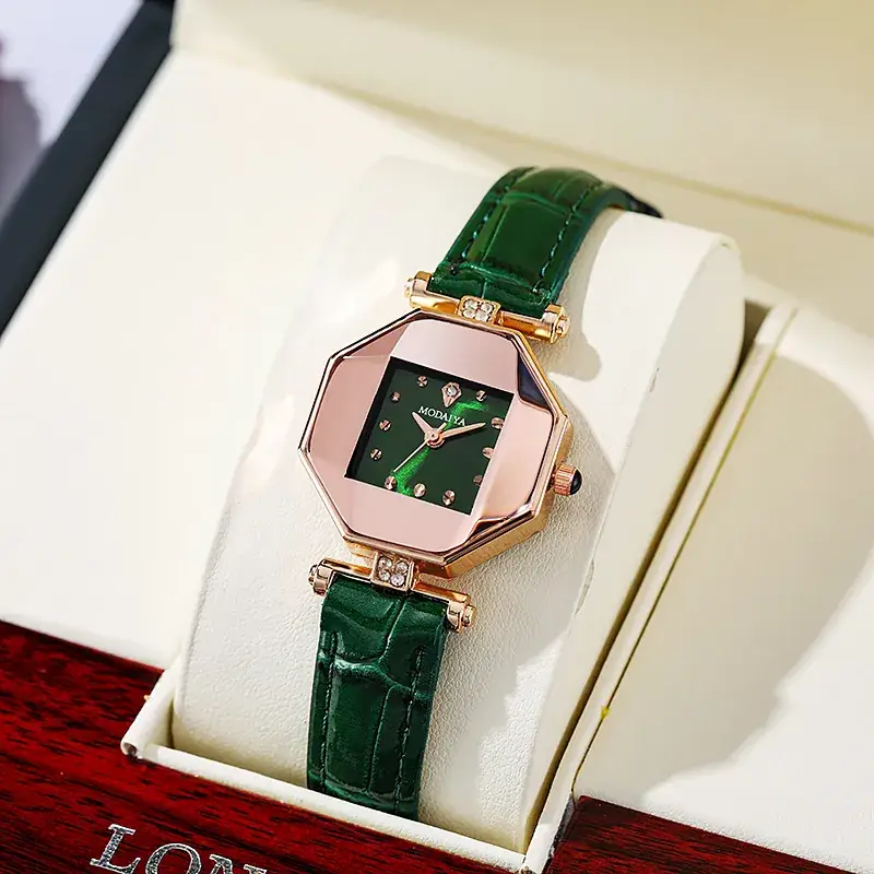 Women's Rhinestone Watch Green Leather Band Rose Gold - Image 5