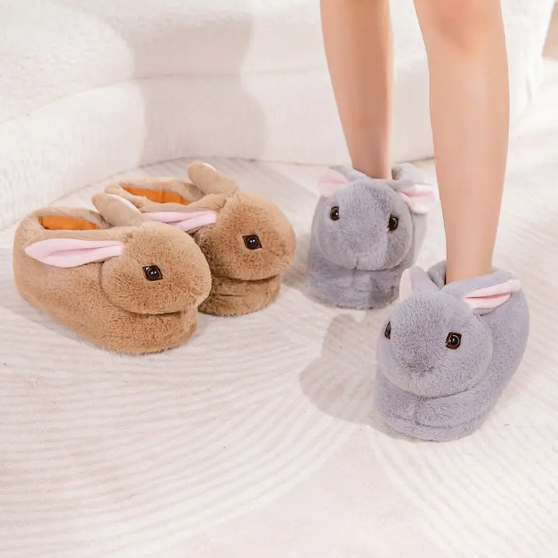 Cross-Border Double Eyelid Rabbit Winter Bag Heel Cotton Shoes Simulated Long-Eared Rabbit Plush Bag Heel Thickened Floor Cotton Slippers