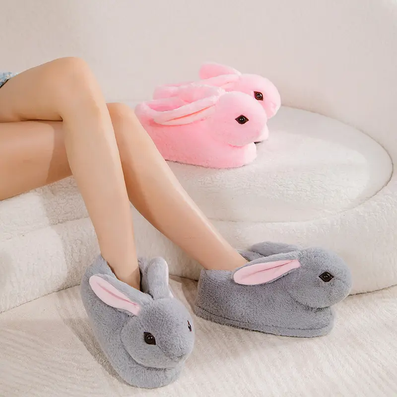 Cross-Border Double Eyelid Rabbit Winter Bag Heel Cotton Shoes Simulated Long-Eared Rabbit Plush Bag Heel Thickened Floor Cotton Slippers