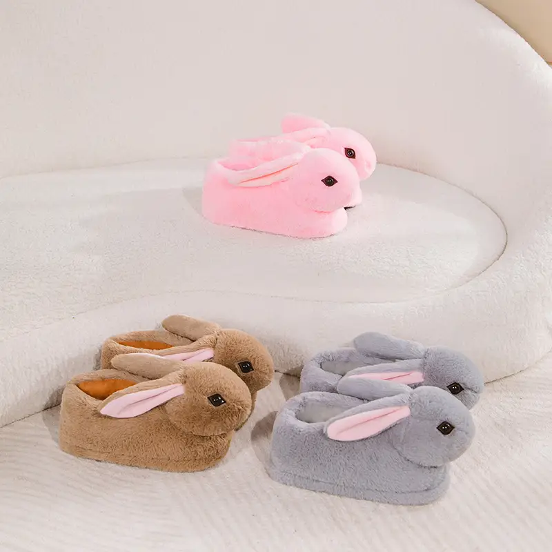 Cross-Border Double Eyelid Rabbit Winter Bag Heel Cotton Shoes Simulated Long-Eared Rabbit Plush Bag Heel Thickened Floor Cotton Slippers