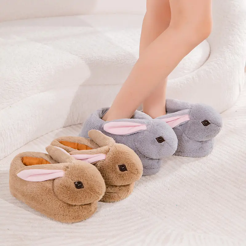 Cross-Border Double Eyelid Rabbit Winter Bag Heel Cotton Shoes Simulated Long-Eared Rabbit Plush Bag Heel Thickened Floor Cotton Slippers