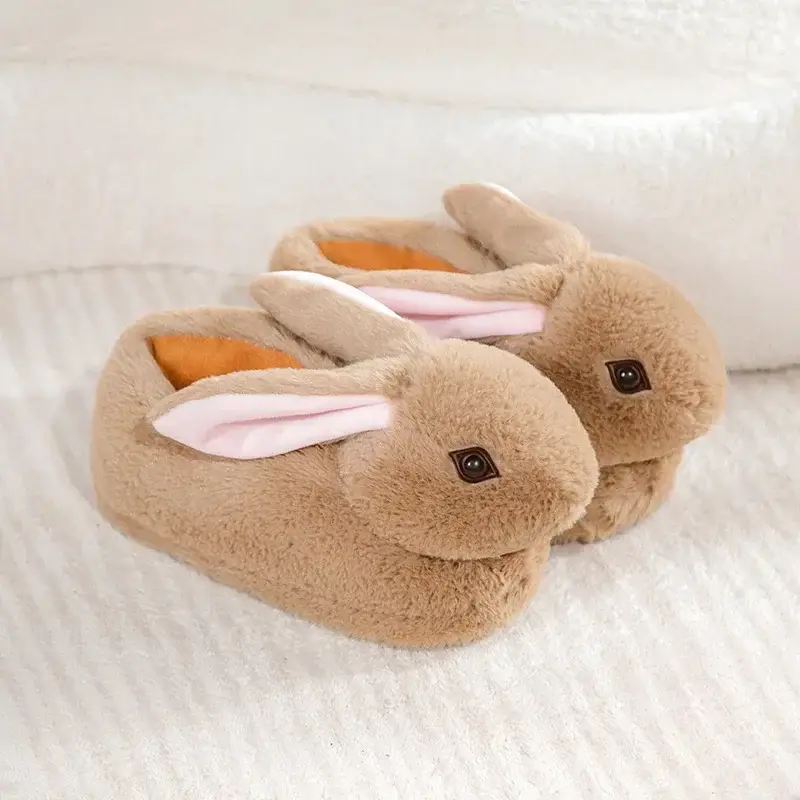 Cross-Border Double Eyelid Rabbit Winter Bag Heel Cotton Shoes Simulated Long-Eared Rabbit Plush Bag Heel Thickened Floor Cotton Slippers