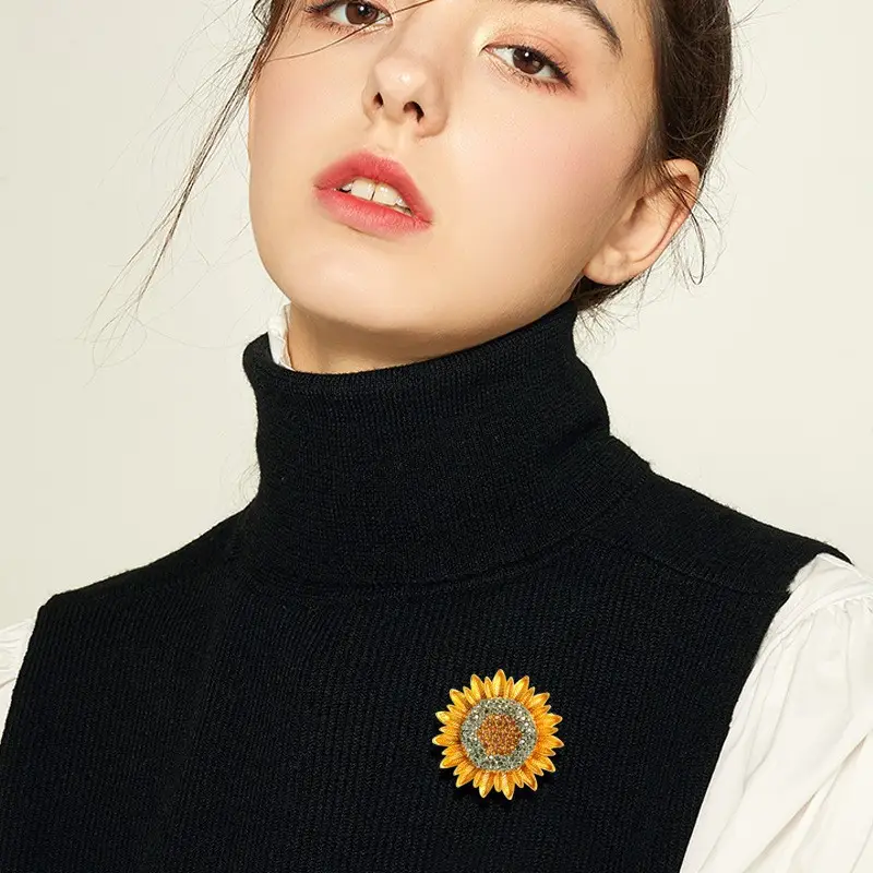 Enamel Sunflower Rhinestone Brooch for Women - Image 3