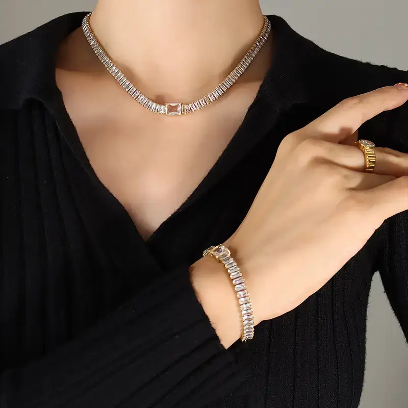 Purple Diamond Zircon Necklace Bracelet Set