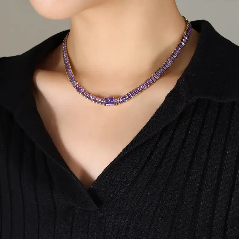 Purple Diamond Zircon Necklace Bracelet Set
