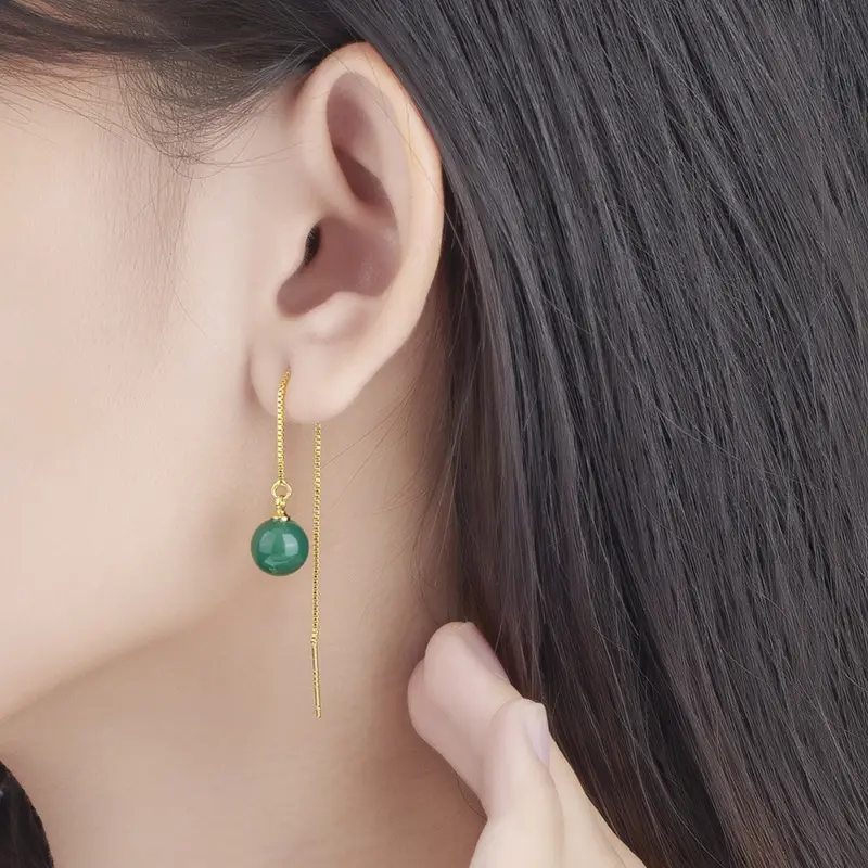 Korean Style Green Agate Chain Earrings for Women - Image 2