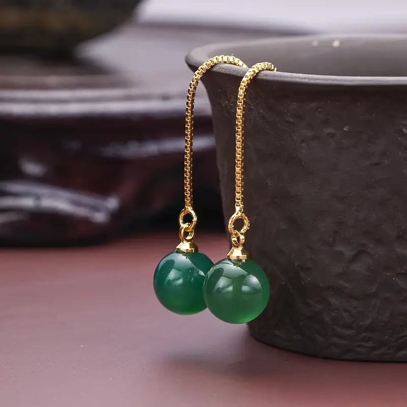 Korean Style Green Agate Chain Earrings for Women - Image 4