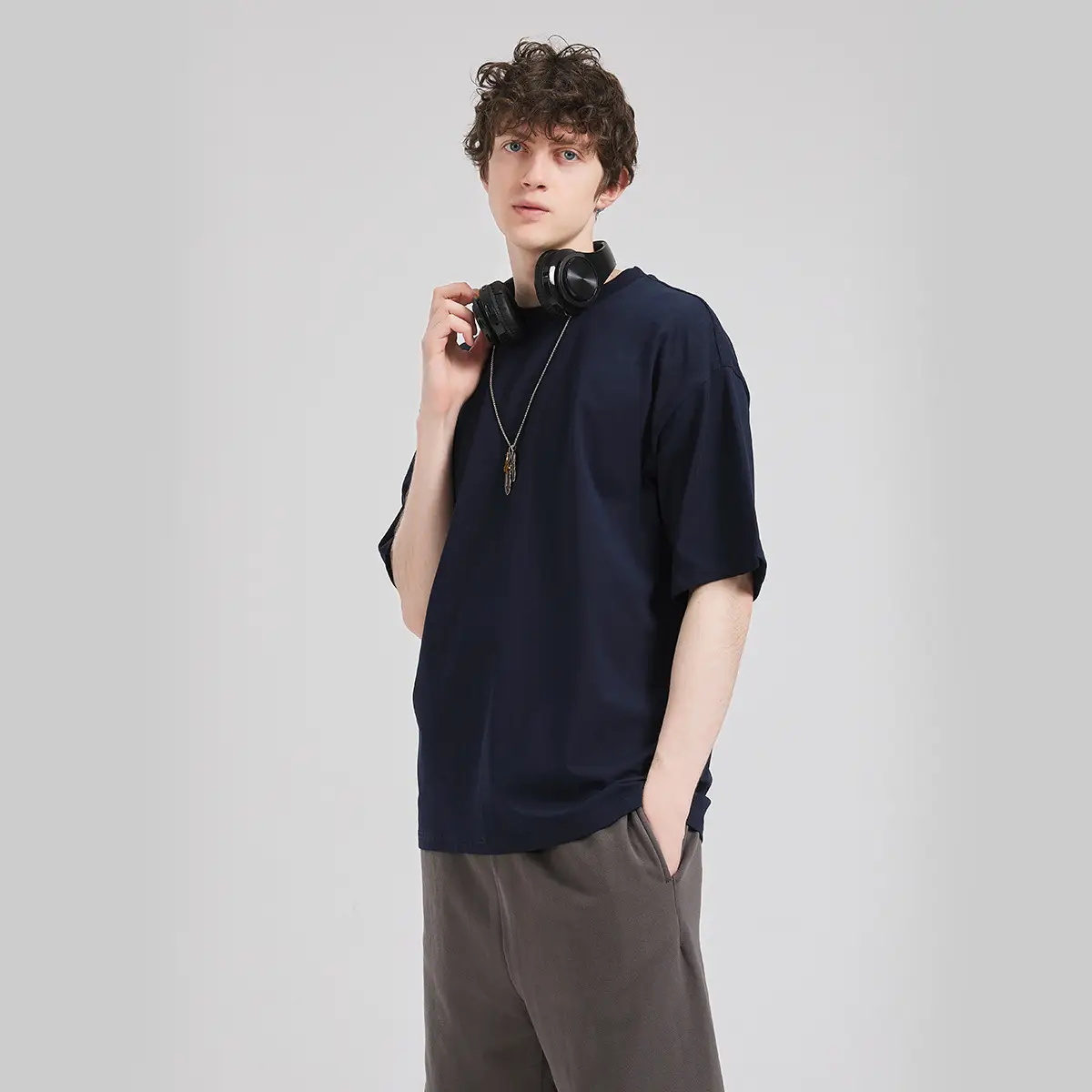 Men Blue Cotton T-Shirt Short Sleeve Loose Fit