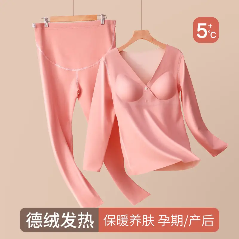 Pregnant Women Velvet Thermal Pajamas Set Beige Plus Size - Image 8