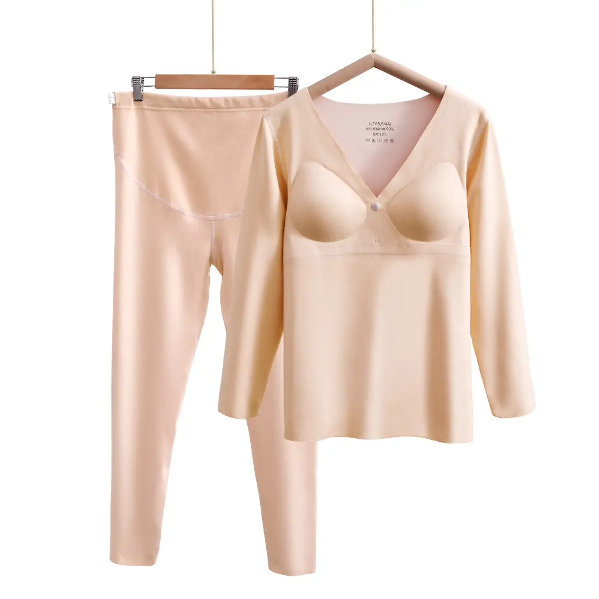 Pregnant Women Velvet Thermal Pajamas Set Beige Plus Size - Image 10