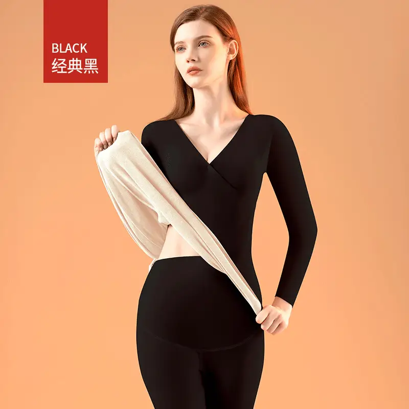 Pregnant Women Velvet Thermal Pajamas Set Beige Plus Size - Image 2