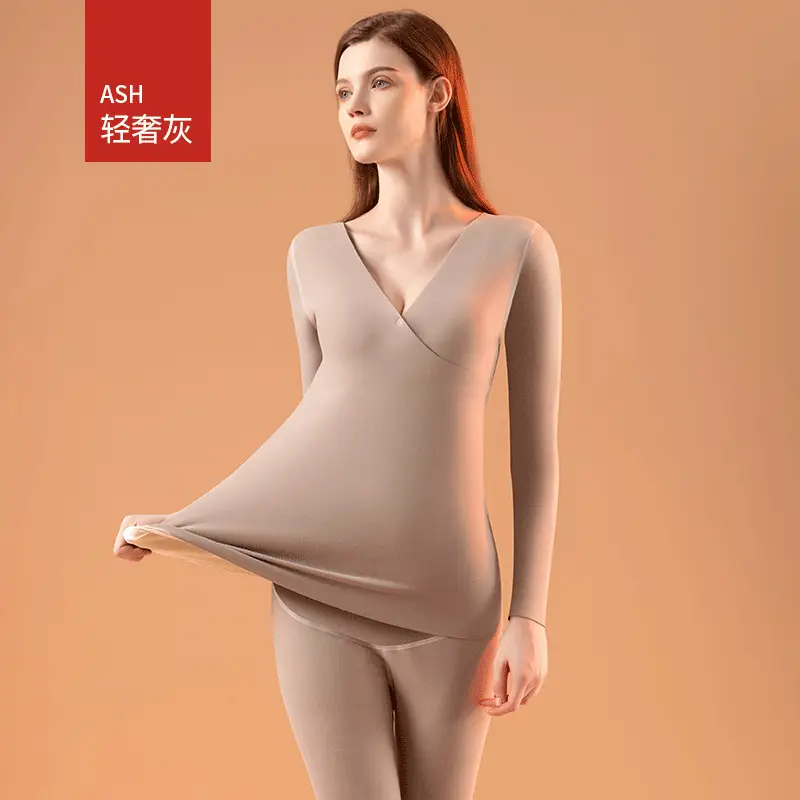 Pregnant Women Velvet Thermal Pajamas Set Beige Plus Size - Image 4