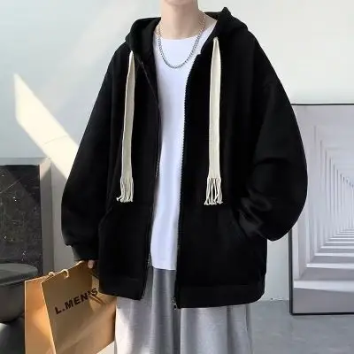 Men's Black Braided Rope Hooded Zipper Coat - Image 4