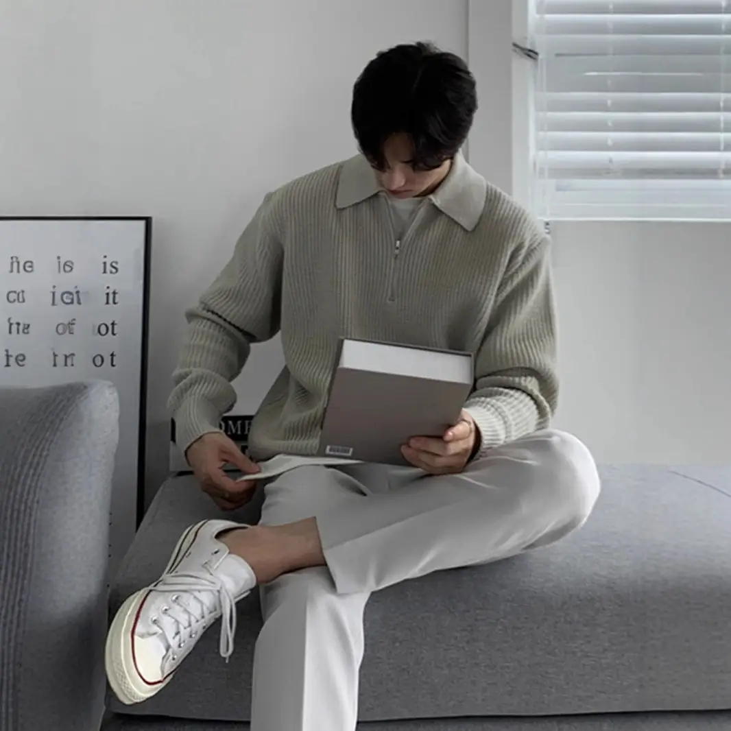 Men's Grey Knit Half Zip Sweater with White Trim