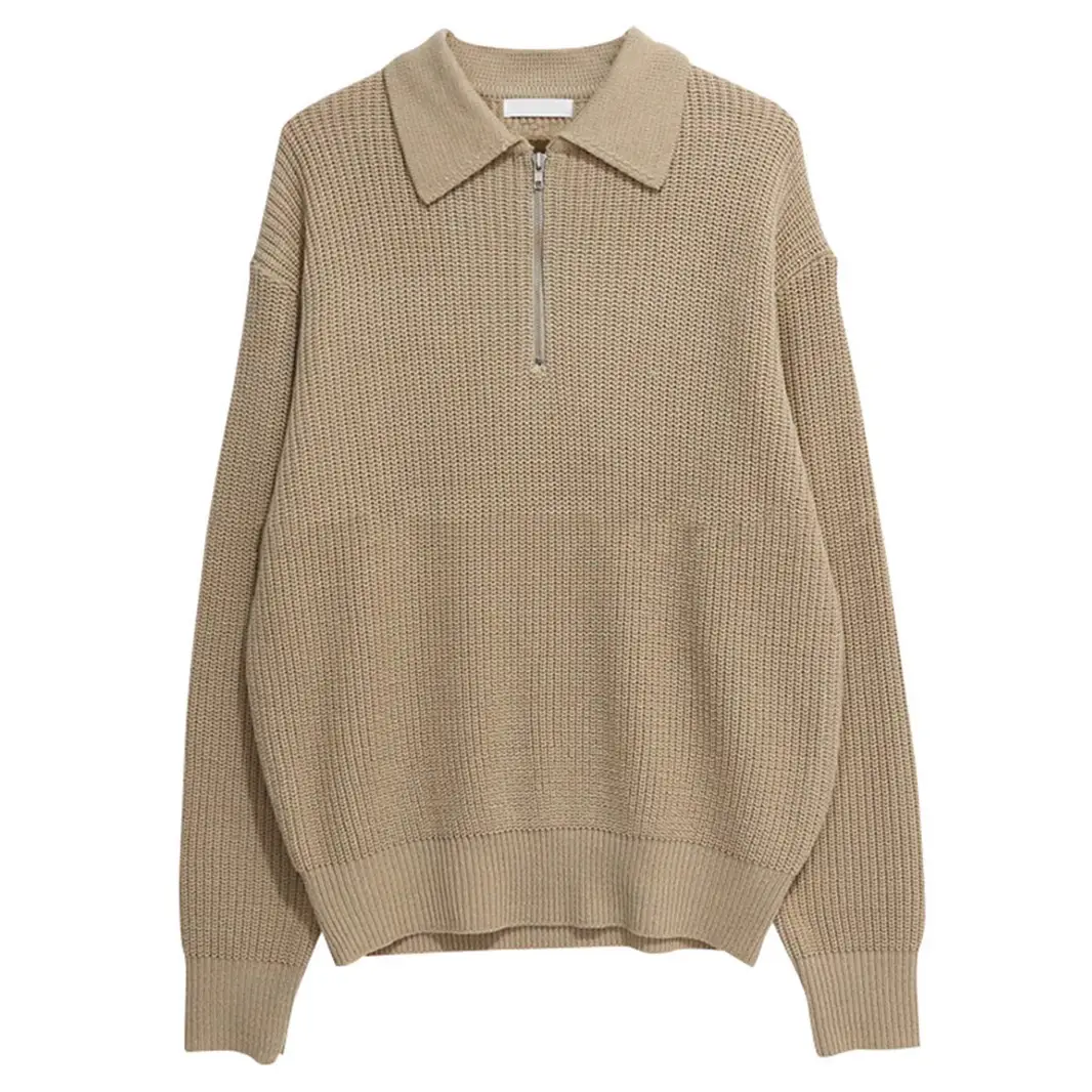 Men's Grey Knit Half Zip Sweater with White Trim