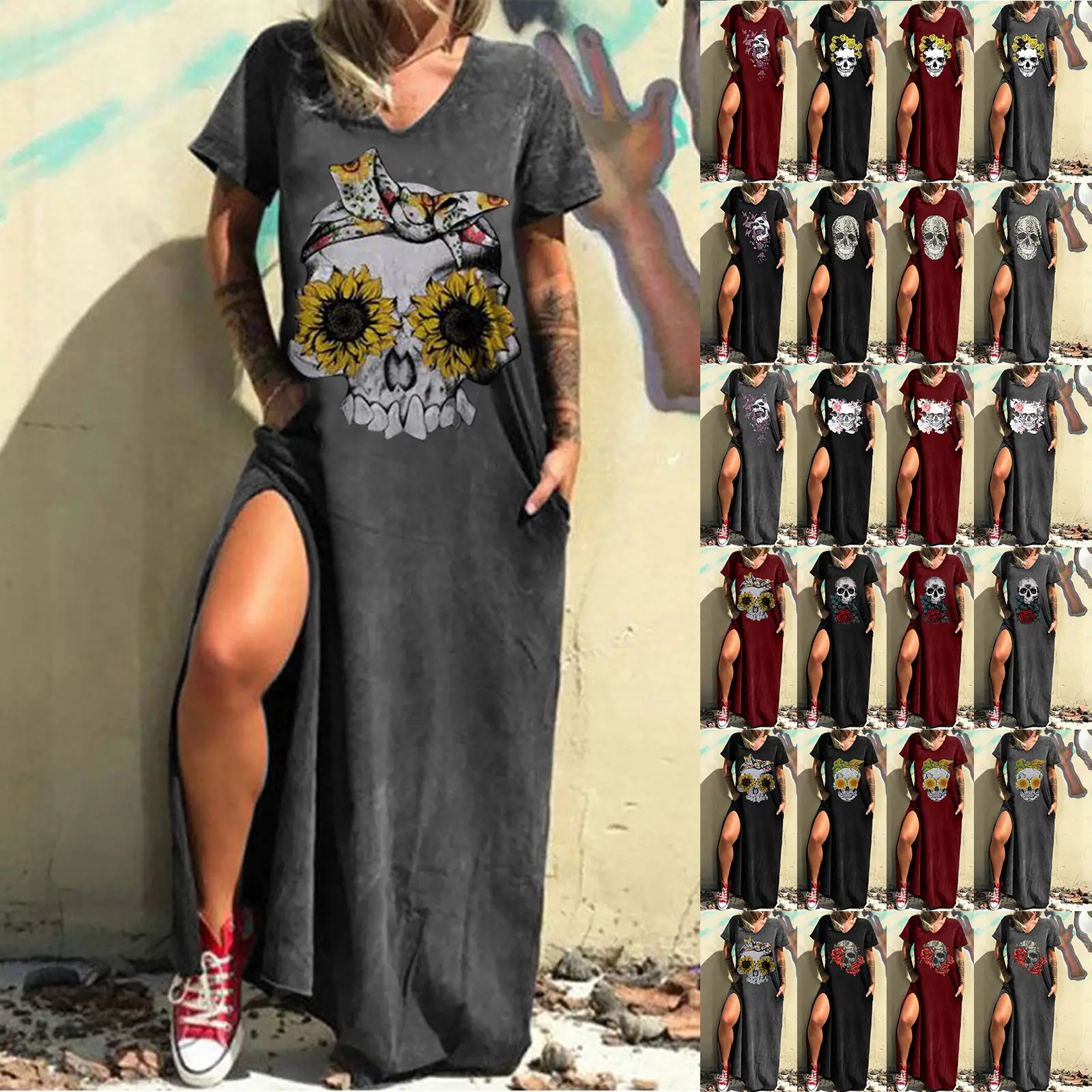 Maroon Hot Skull Print V-Neck Dress with Split Pocket - Image 25